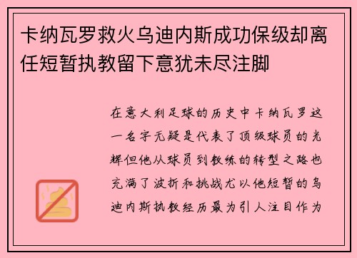 卡纳瓦罗救火乌迪内斯成功保级却离任短暂执教留下意犹未尽注脚